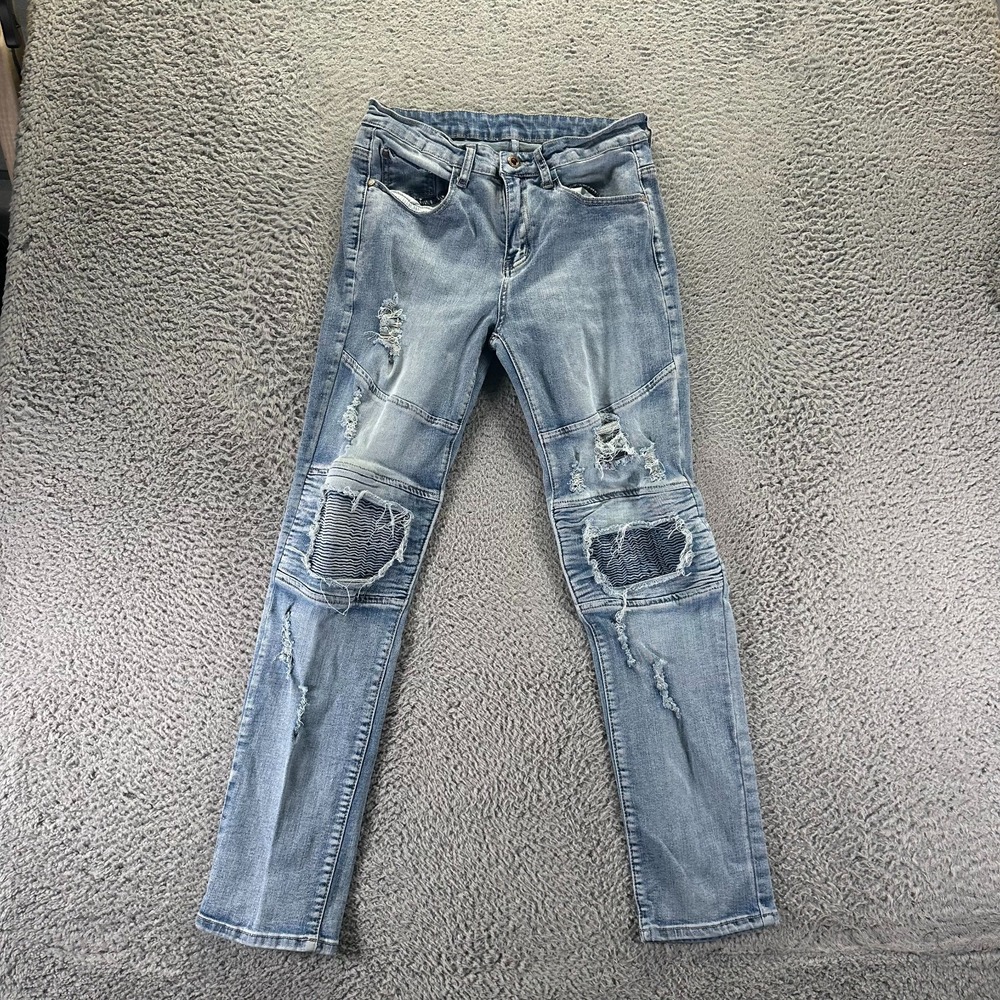 Hand Made Jeans Mens 30x30 Blue Cotton Straight Distressed Faded Biker Stretch